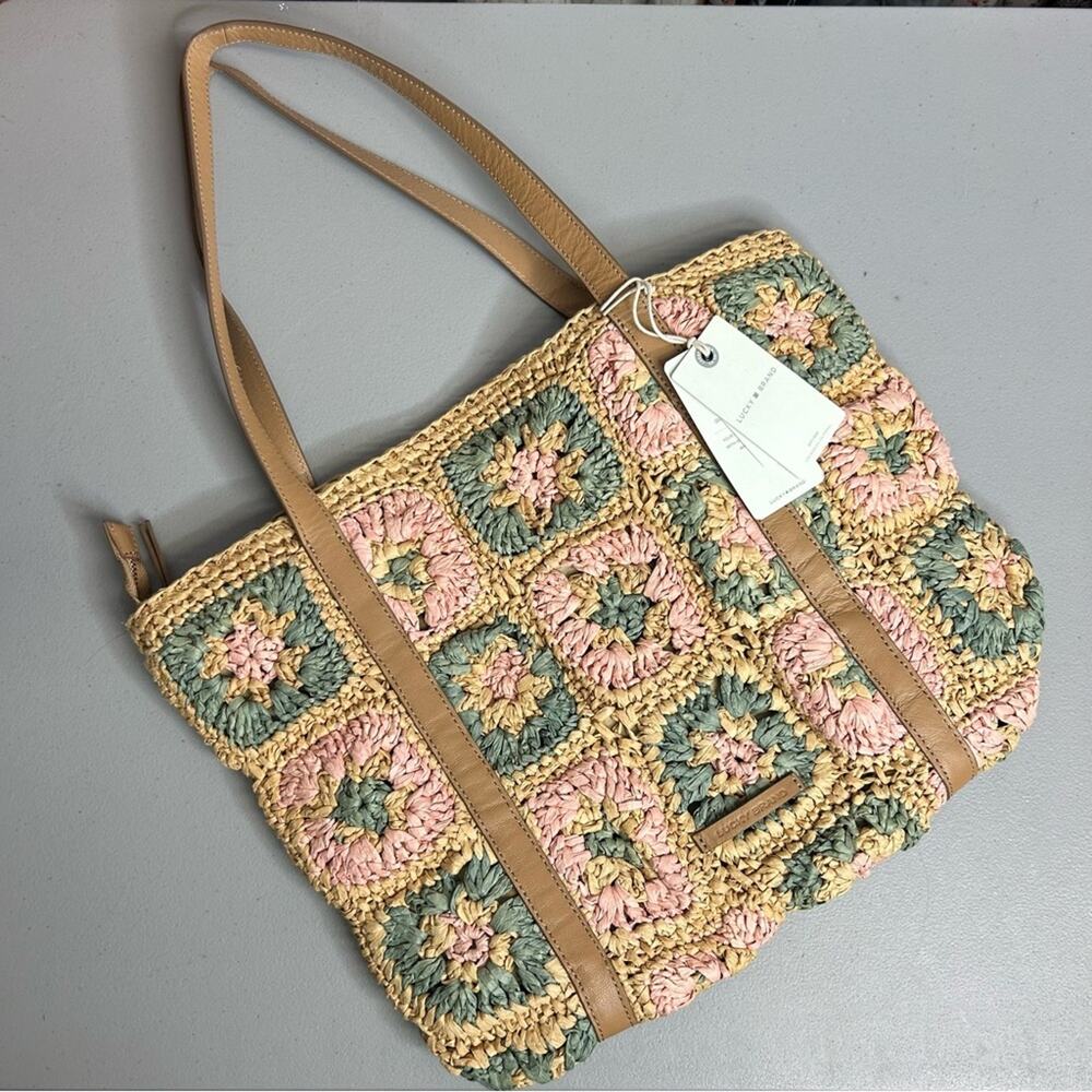 Lucky Brand Purse Tote Bag Boho Straw Floral Patchwork Ella Green Pink Tan NWT